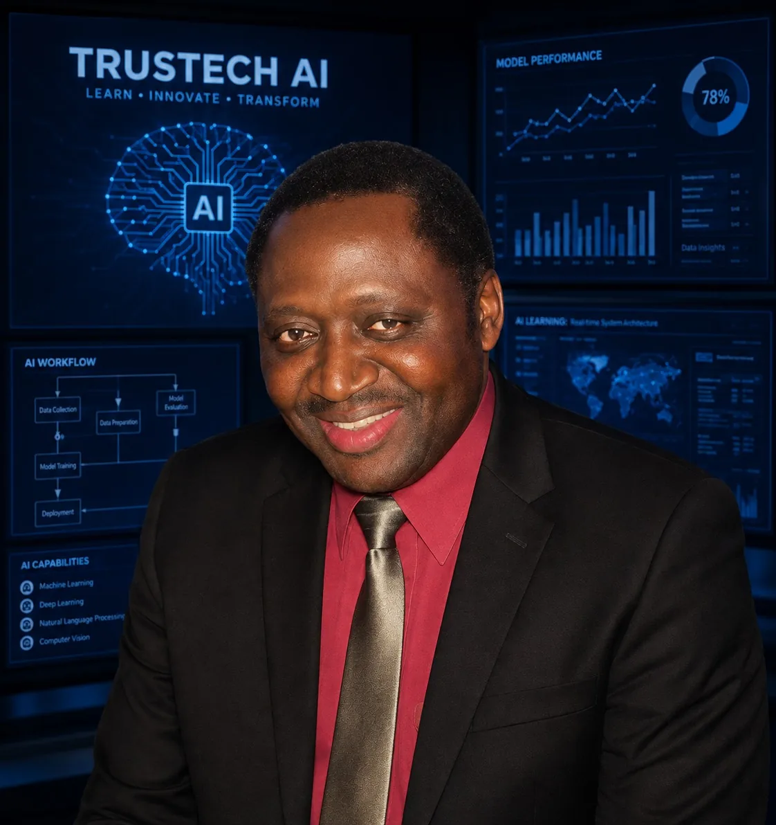 Prof. Peter Akwichek, entrepreneur and Trustech instructor, smiling in a dark suit and red shirt before Trustech dashboards