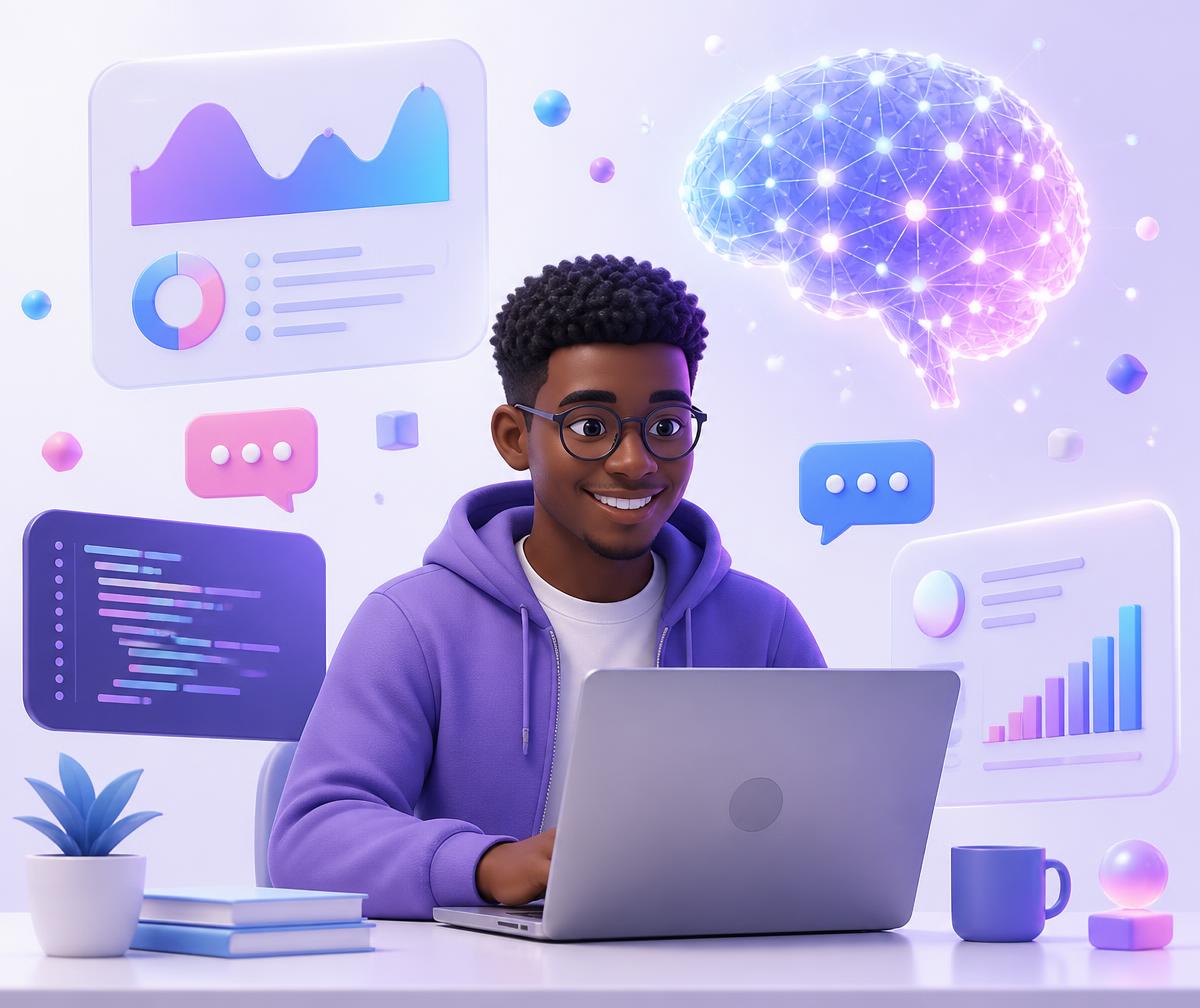 Illustration of a student learning with AI tools, surrounded by floating dashboards and a glowing neural network